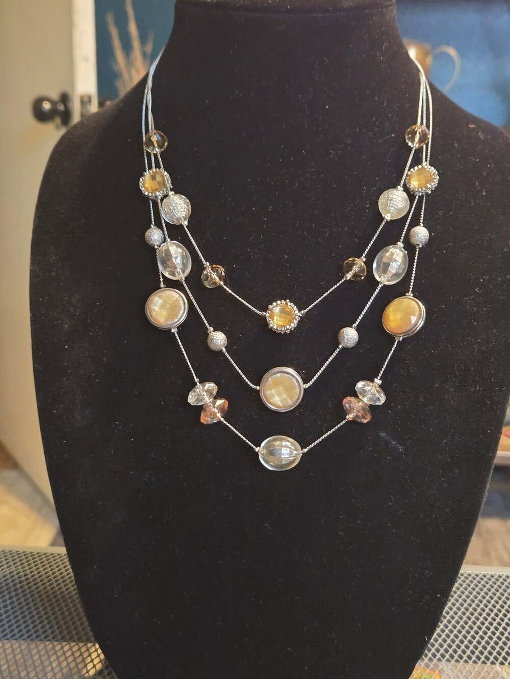 New York & Company 3-Strand Station Necklace Size 17-Inch Amber Glass Beads